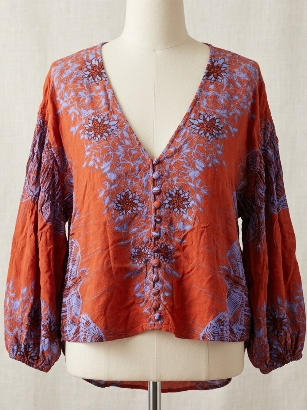 Free People Birds of a Feather Blouse S Rust Roman Orange Blue Floral Boho Top
